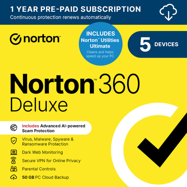 Norton 360 Deluxe 2026 – 5 Devices + Utilities Ultimate – 10 Devices – 12 Months VPN | 50 GB Cloud Backup | Device Optimisation