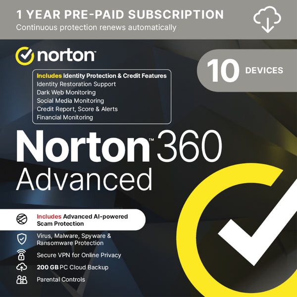 Norton 360 Advanced 2026 – 10 Devices – 12 Months Scam Protection Pro | 200 GB Cloud Backup | Identity Protection