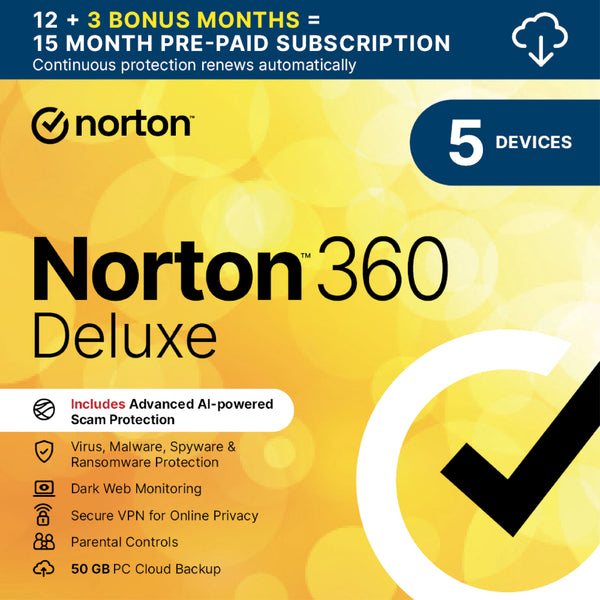 Norton 360 Deluxe 2026 – 5 Devices – 15 Months Scam Protection | VPN | 50 GB Cloud Backup | Parental Control