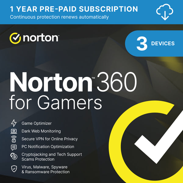 Norton 360 for Gamers 2026 – 3 Devices – 12 Months Game Optimizer | VPN | 50 GB Cloud Backup