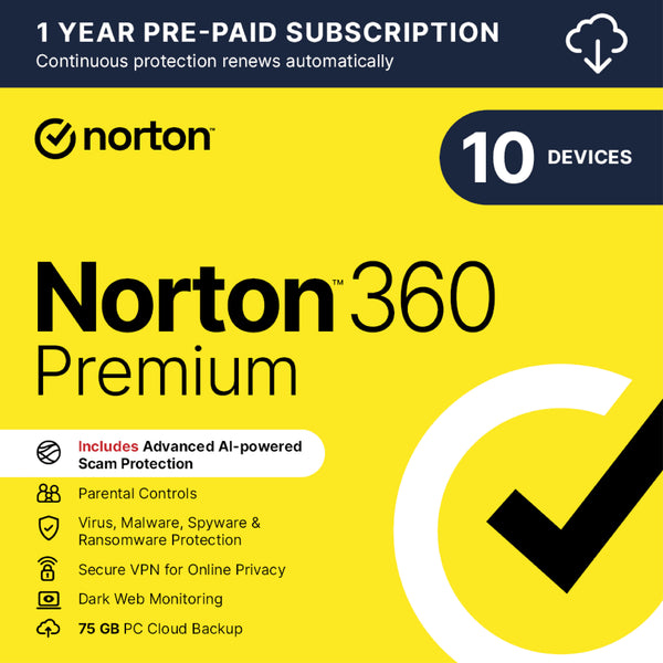 Norton 360 Premium 2026 – 10 Devices – 12 Months  Scam Protection | VPN | 75 GB Cloud Backup | Parental Control