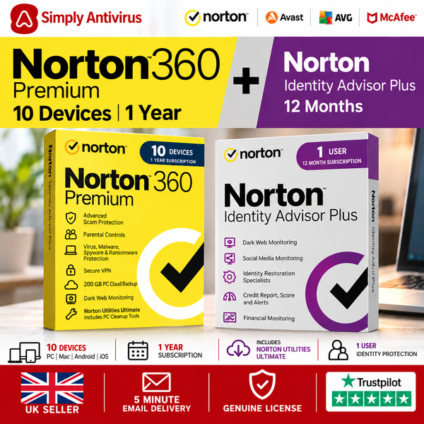 Norton 360 PREMIUM Antivirus 10 Device + Identity Adviser Plus 1 Year